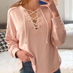 Aerie Lace-Up Light Pink Oversized Varsity Sweater